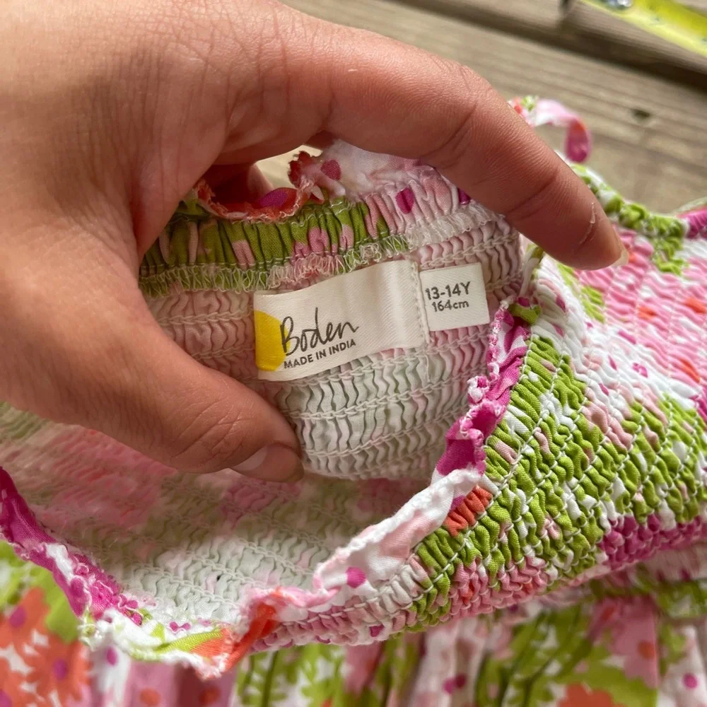 Boden Floral Smocked Dress Pink Green Tiered Sundress Girls 13-14Y